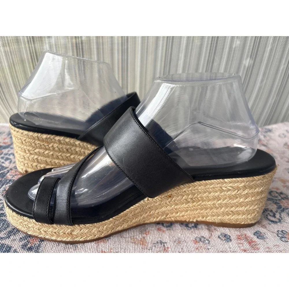 Michael Kors Black Leather Espadrille Wedge Sandals Toe Loop Platform Slides